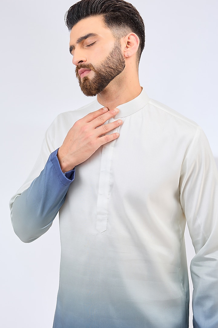 White & Blue Poly Silk Ombre Kurta by Kasbah Clothing at Pernia's Pop Up Shop