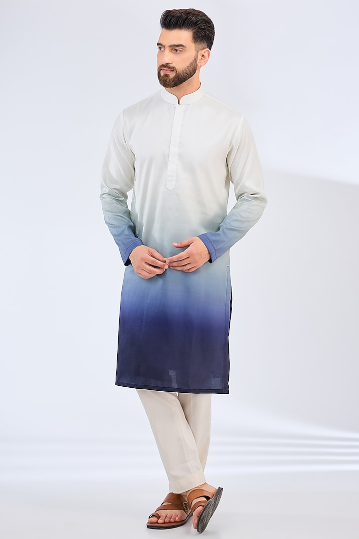 White & Blue Poly Silk Ombre Kurta by Kasbah Clothing at Pernia's Pop Up Shop