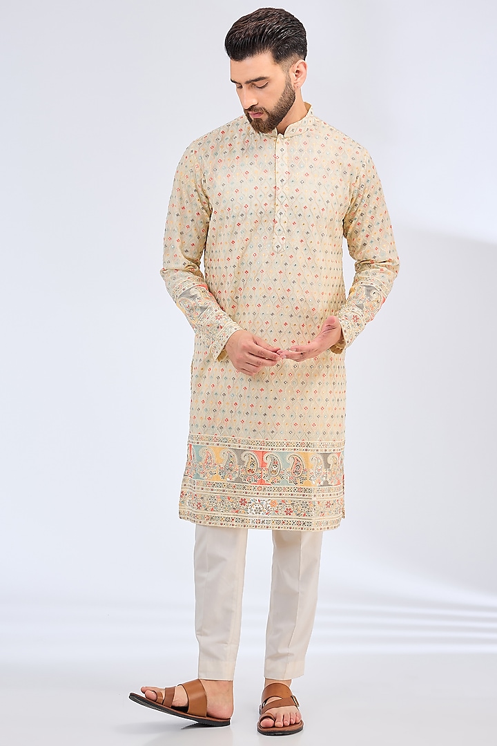 Cream-Beige Georgette Chikankari Embroidered Kurta by Kasbah Clothing at Pernia's Pop Up Shop