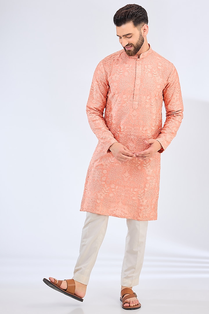 Peach Silk Floral Thread Work Kurta by Kasbah Clothing