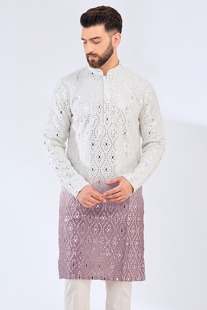 White & Mauve Silk Mirror Work Ombre Kurta by Kasbah Clothing at Pernia's Pop Up Shop