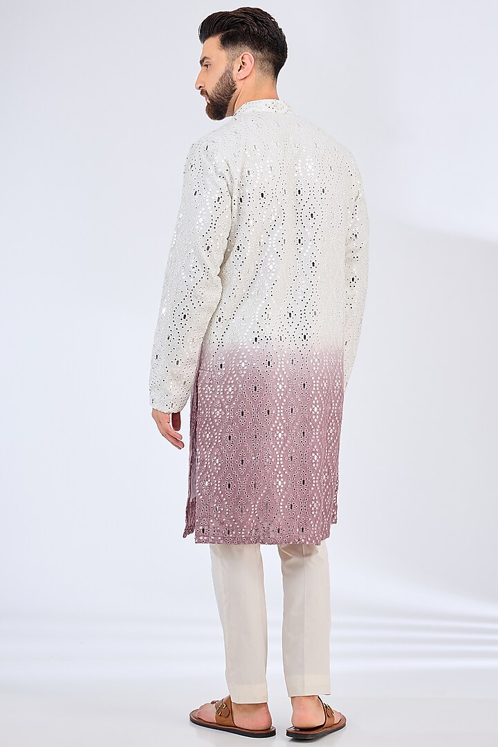 White & Mauve Silk Mirror Work Ombre Kurta by Kasbah Clothing at Pernia's Pop Up Shop