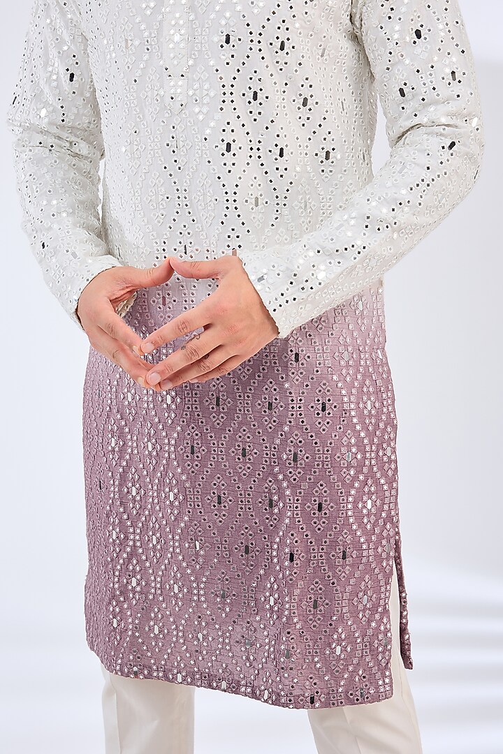 White & Mauve Silk Mirror Work Ombre Kurta by Kasbah Clothing at Pernia's Pop Up Shop