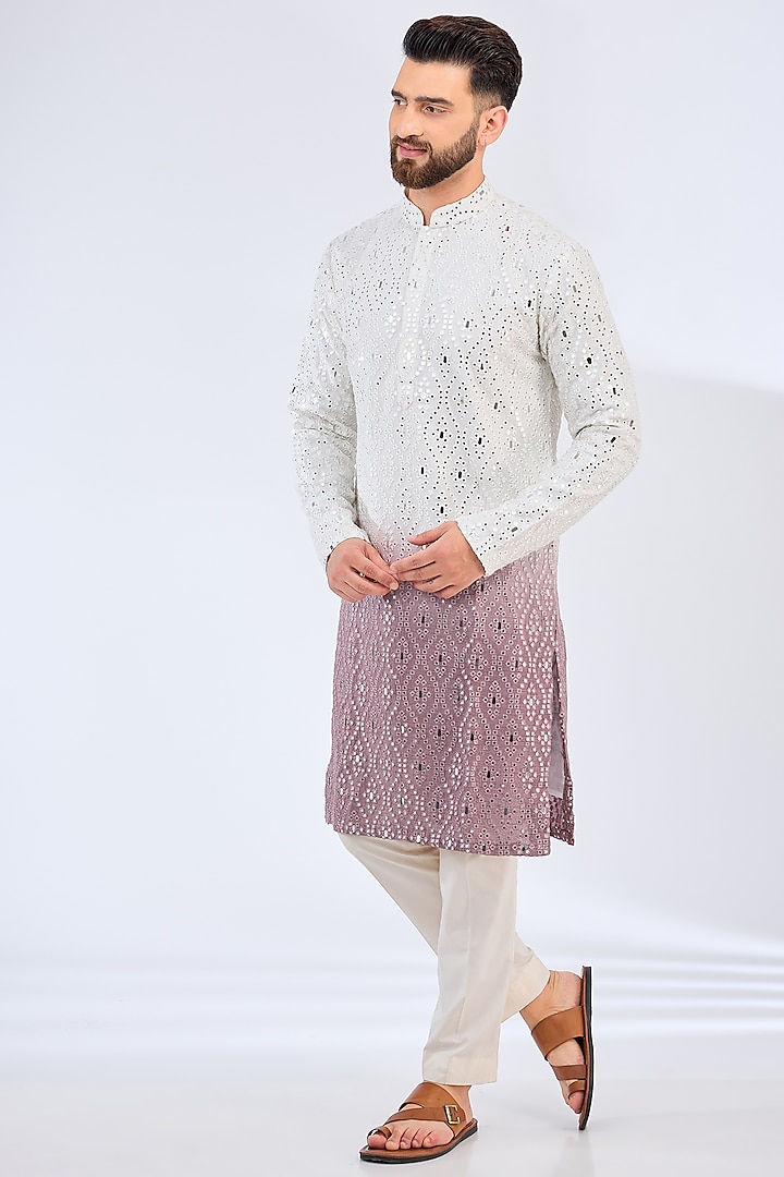 White & Mauve Silk Mirror Work Ombre Kurta by Kasbah Clothing