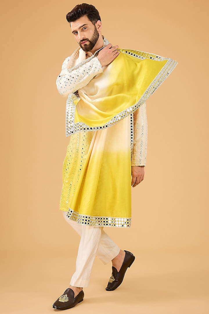 Cream-Yellow Ombre Silk Mirror Work Kurta With Stole by Kasbah Clothing at Pernia's Pop Up Shop