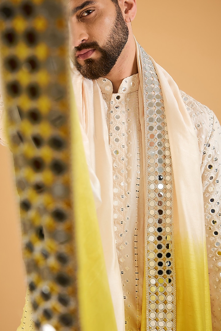 Cream-Yellow Ombre Silk Mirror Work Kurta With Stole by Kasbah Clothing at Pernia's Pop Up Shop