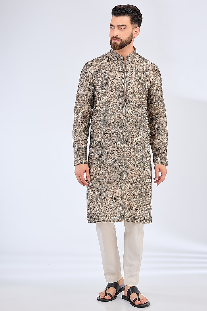 Beige Chanderi Zari Work Kurta by Kasbah Clothing at Pernia's Pop Up Shop