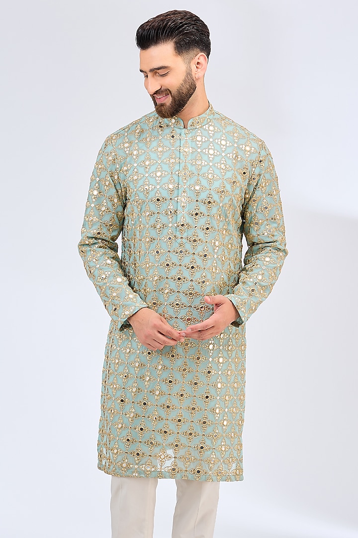 Aqua Blue Georgette Mirror Embroidered Kurta by Kasbah Clothing at Pernia's Pop Up Shop