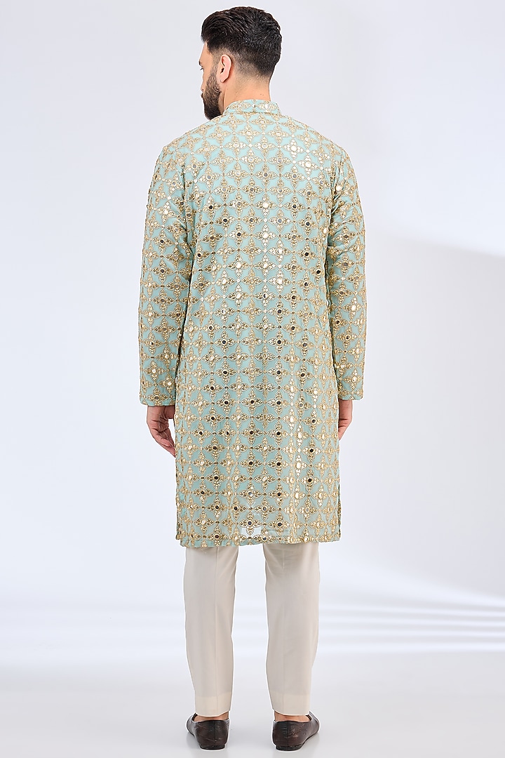 Aqua Blue Georgette Mirror Embroidered Kurta by Kasbah Clothing at Pernia's Pop Up Shop