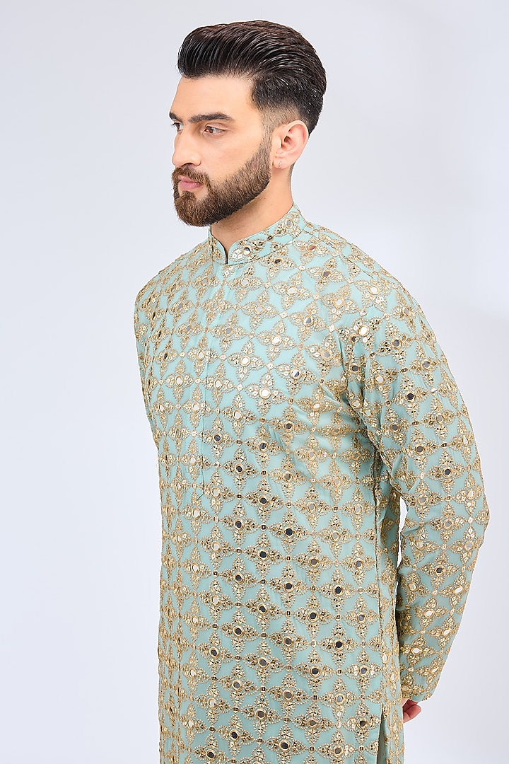 Aqua Blue Georgette Mirror Embroidered Kurta by Kasbah Clothing at Pernia's Pop Up Shop