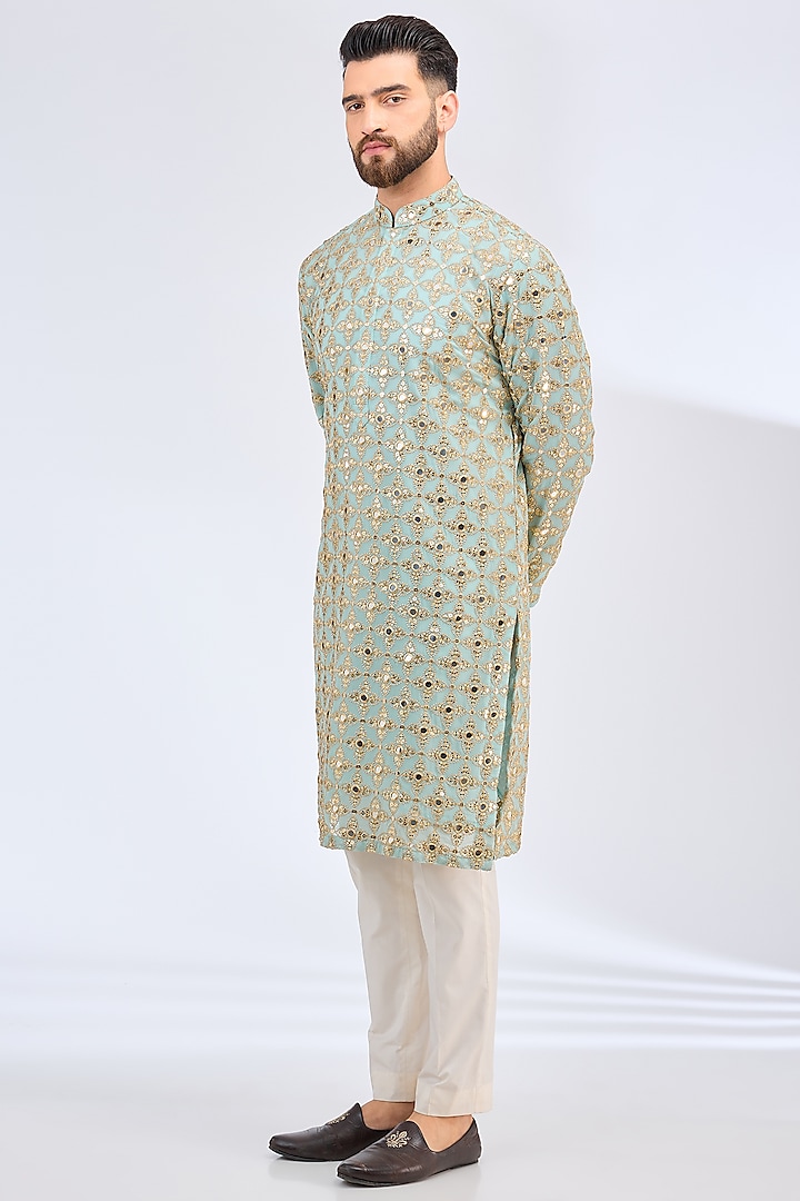 Aqua Blue Georgette Mirror Embroidered Kurta by Kasbah Clothing at Pernia's Pop Up Shop