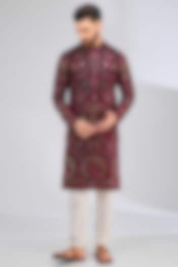 Maroon-Wine Georgette Sequins Embroidered Kurta by Kasbah Clothing at Pernia's Pop Up Shop