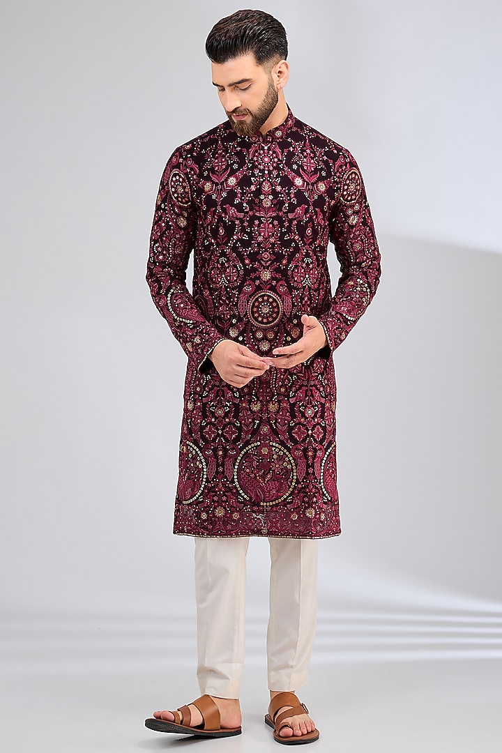 Maroon-Wine Georgette Sequins Embroidered Kurta by Kasbah Clothing