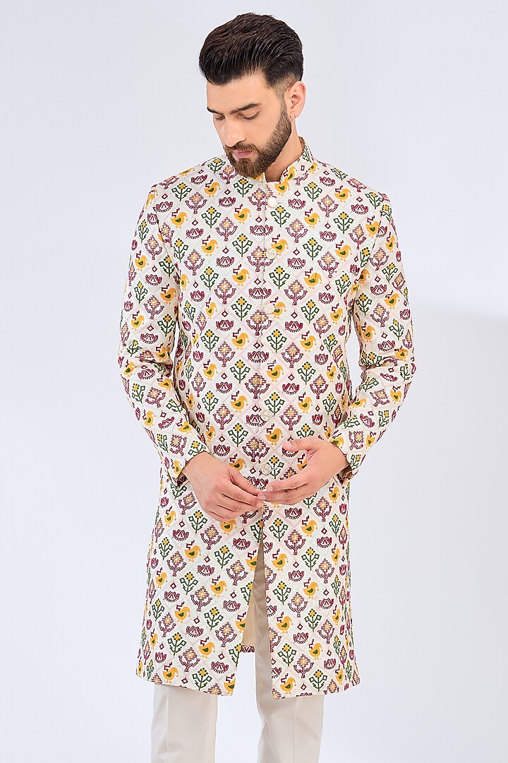 Multi-Colored Silk Thread Embroidered Wedding Sherwani by Kasbah Clothing at Pernia's Pop Up Shop