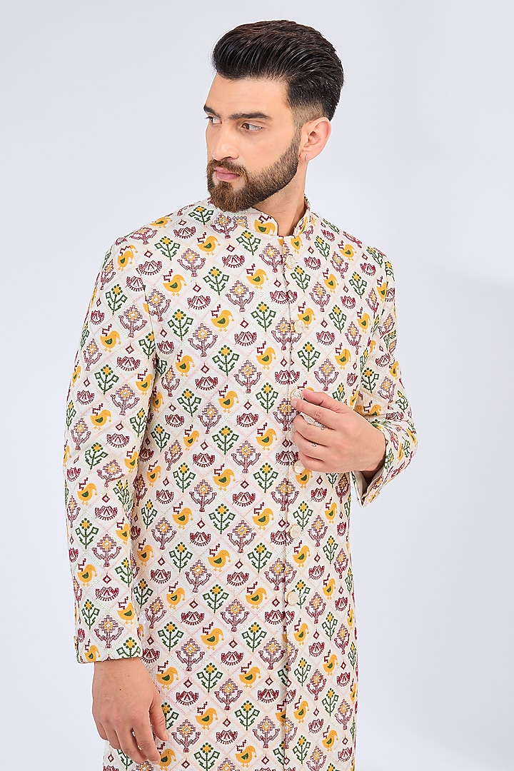 Multi-Colored Silk Thread Embroidered Wedding Sherwani by Kasbah Clothing at Pernia's Pop Up Shop