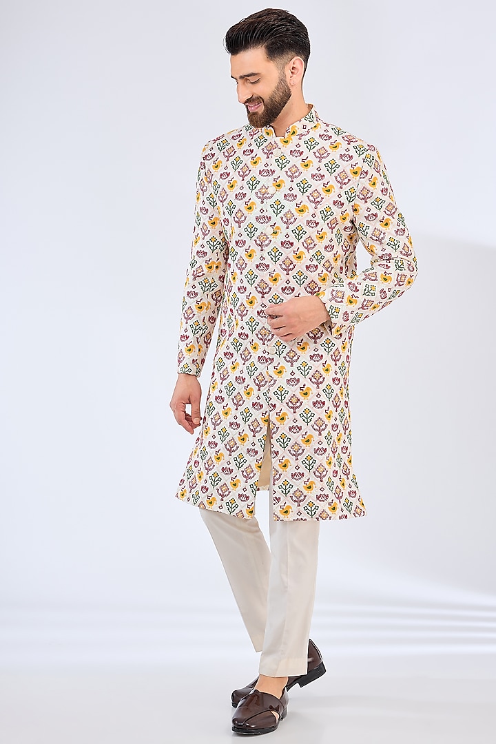 Multi-Colored Silk Thread Embroidered Wedding Sherwani by Kasbah Clothing at Pernia's Pop Up Shop