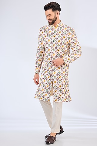 Multi-Colored Silk Thread Embroidered Sherwani by Kasbah Clothing
