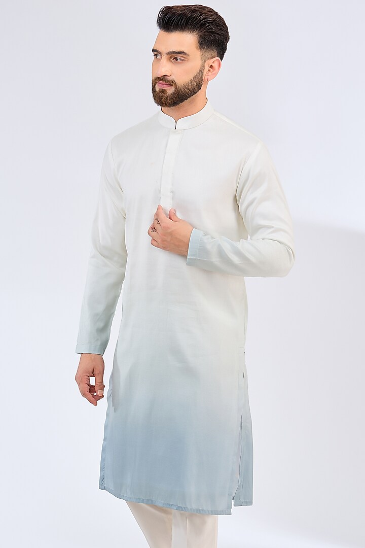 White & Blue Poly Silk Ombre Kurta by Kasbah Clothing at Pernia's Pop Up Shop