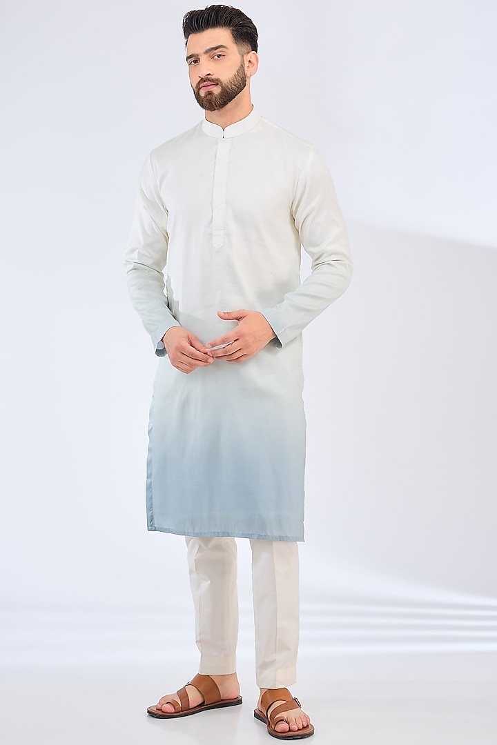 White & Blue Poly Silk Ombre Kurta by Kasbah Clothing at Pernia's Pop Up Shop