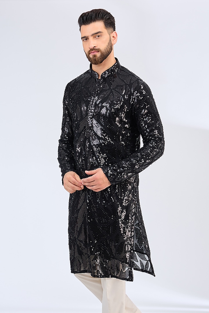 Black Georgette Sequins Embroidered Kurta by Kasbah Clothing at Pernia's Pop Up Shop