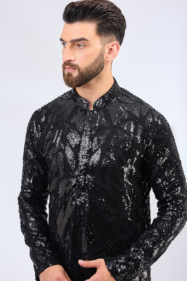 Black Georgette Sequins Embroidered Kurta by Kasbah Clothing at Pernia's Pop Up Shop