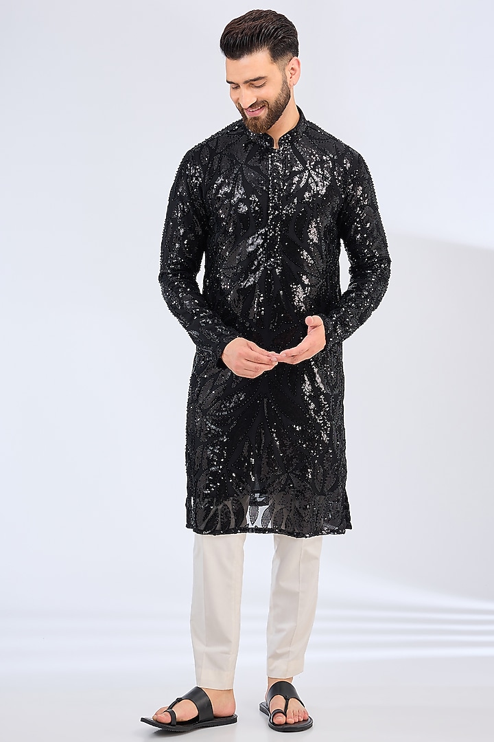 Black Georgette Sequins Embroidered Kurta by Kasbah Clothing at Pernia's Pop Up Shop