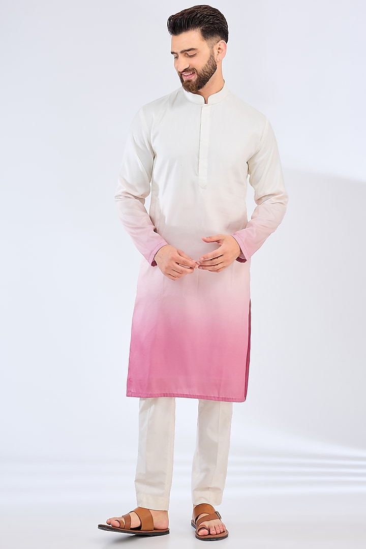 White & Fuchsia Ombre Poly Silk Kurta by Kasbah Clothing