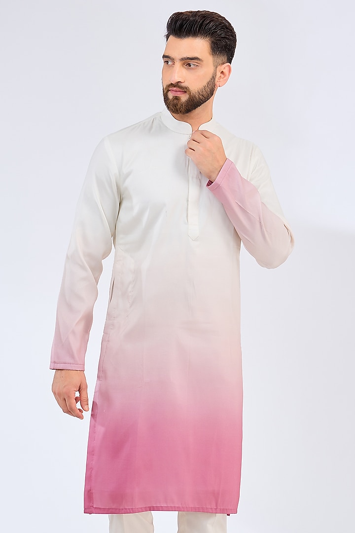 White & Fuchsia Ombre Poly Silk Kurta by Kasbah Clothing at Pernia's Pop Up Shop