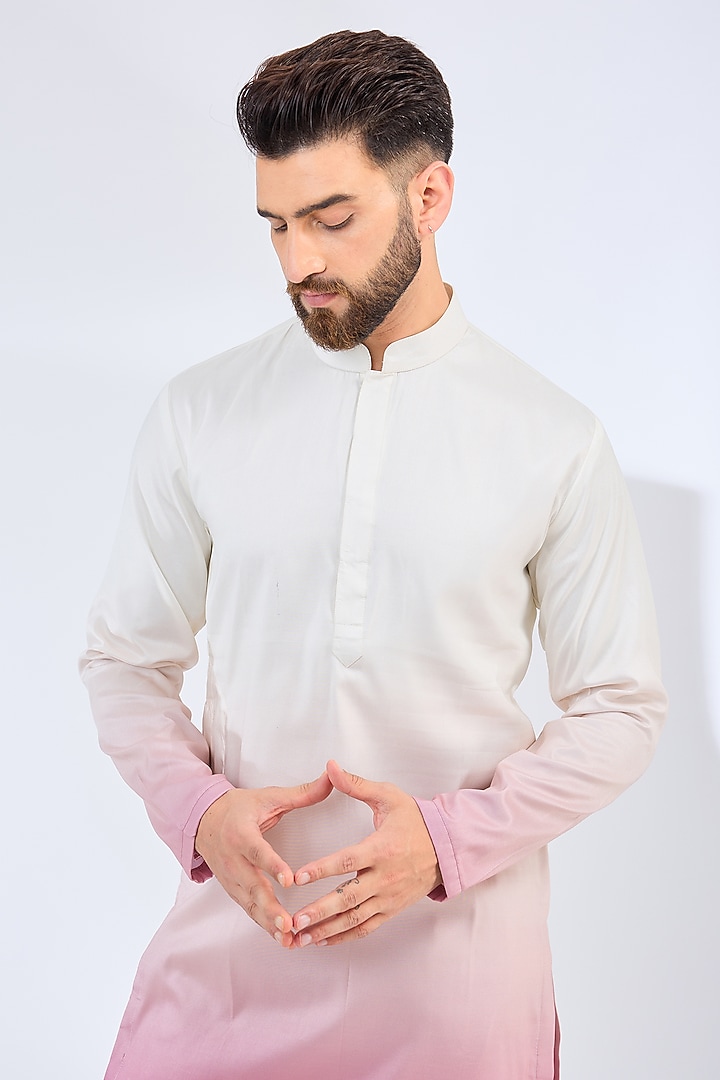 White & Fuchsia Ombre Poly Silk Kurta by Kasbah Clothing at Pernia's Pop Up Shop