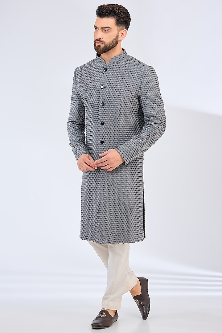 Grey Silk Cutdana Embellished Wedding Sherwani by Kasbah Clothing at Pernia's Pop Up Shop