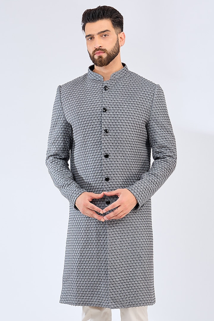 Grey Silk Cutdana Embellished Wedding Sherwani by Kasbah Clothing at Pernia's Pop Up Shop