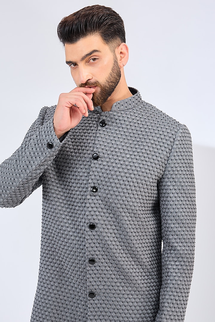 Grey Silk Cutdana Embellished Wedding Sherwani by Kasbah Clothing at Pernia's Pop Up Shop