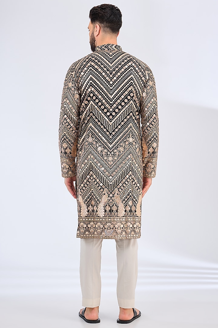 Black Georgette Leather Patchwork Kurta by Kasbah Clothing at Pernia's Pop Up Shop