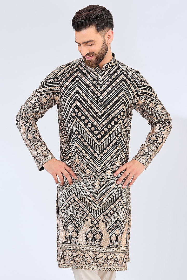 Black Georgette Leather Patchwork Kurta by Kasbah Clothing at Pernia's Pop Up Shop