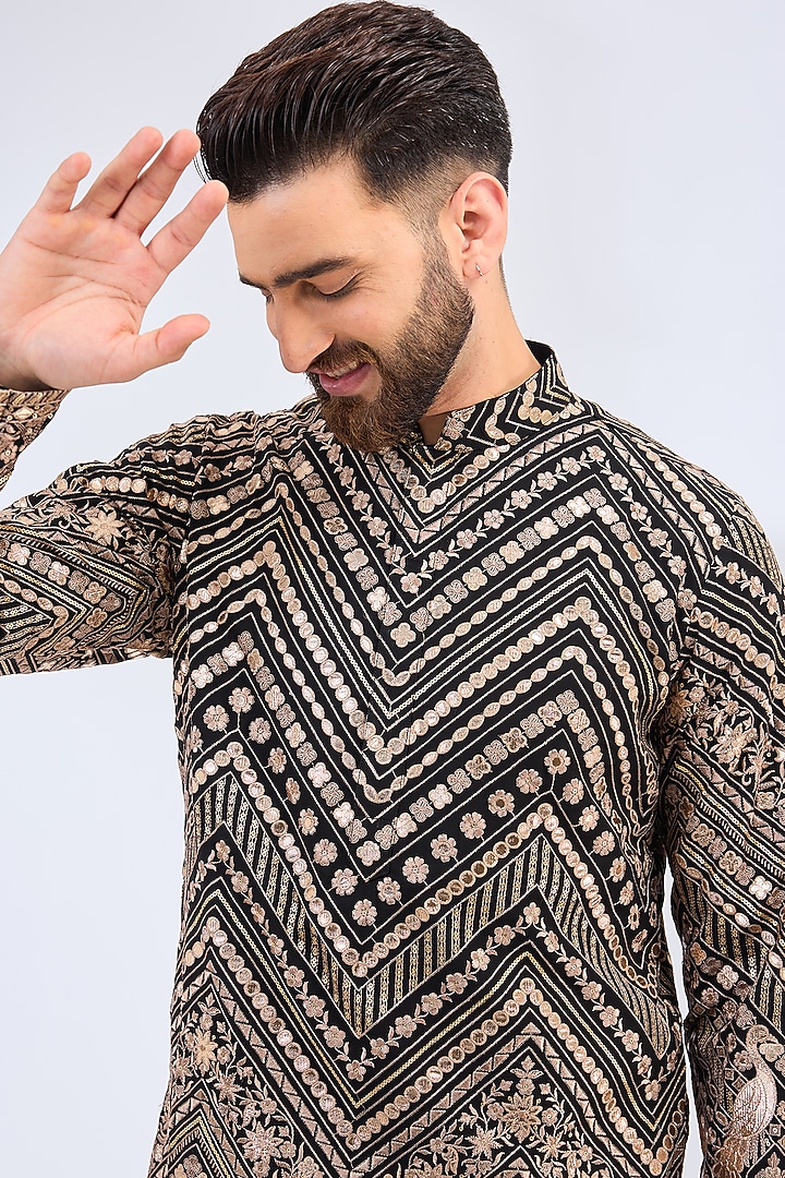 Black Georgette Leather Patchwork Kurta by Kasbah Clothing at Pernia's Pop Up Shop