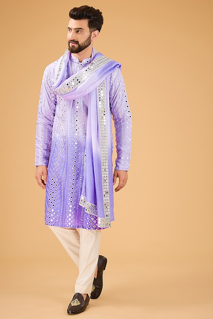 Purple Ombre Shaded Silk Mirror Work Kurta With Stole by Kasbah Clothing