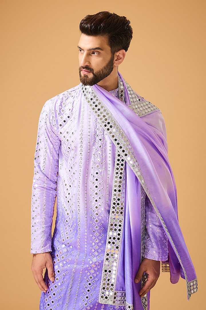 Purple Ombre Shaded Silk Mirror Work Kurta With Stole by Kasbah Clothing at Pernia's Pop Up Shop