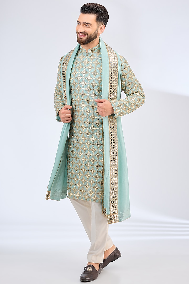 Blue Georgette Zari Embroidered Kurta With Stole by Kasbah Clothing at Pernia's Pop Up Shop