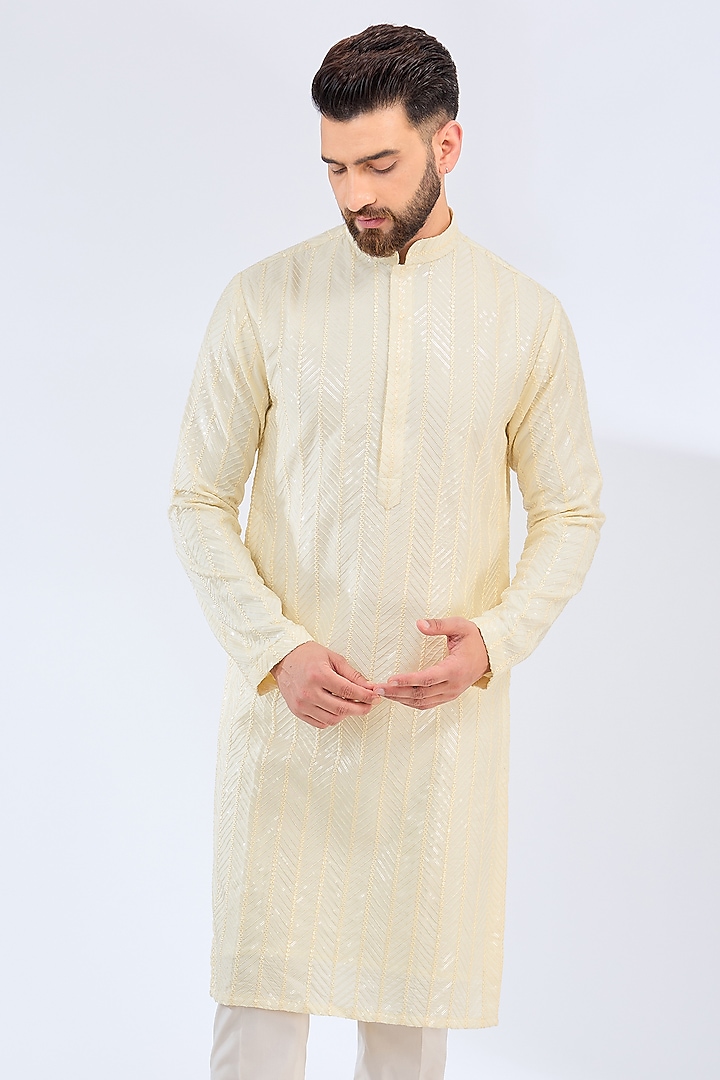 Ivory Silk Threadwork Kurta by Kasbah Clothing at Pernia's Pop Up Shop