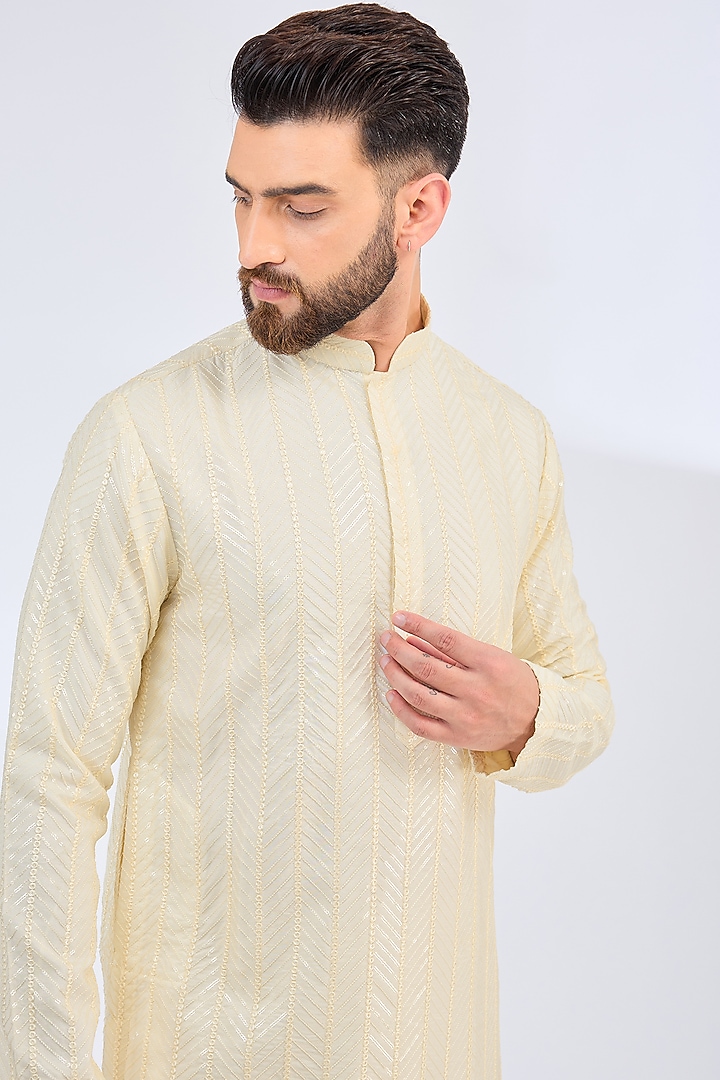 Ivory Silk Threadwork Kurta by Kasbah Clothing at Pernia's Pop Up Shop