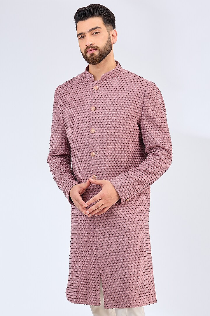 Onion Pink Silk Cutdana Embellished Wedding Sherwani by Kasbah Clothing at Pernia's Pop Up Shop