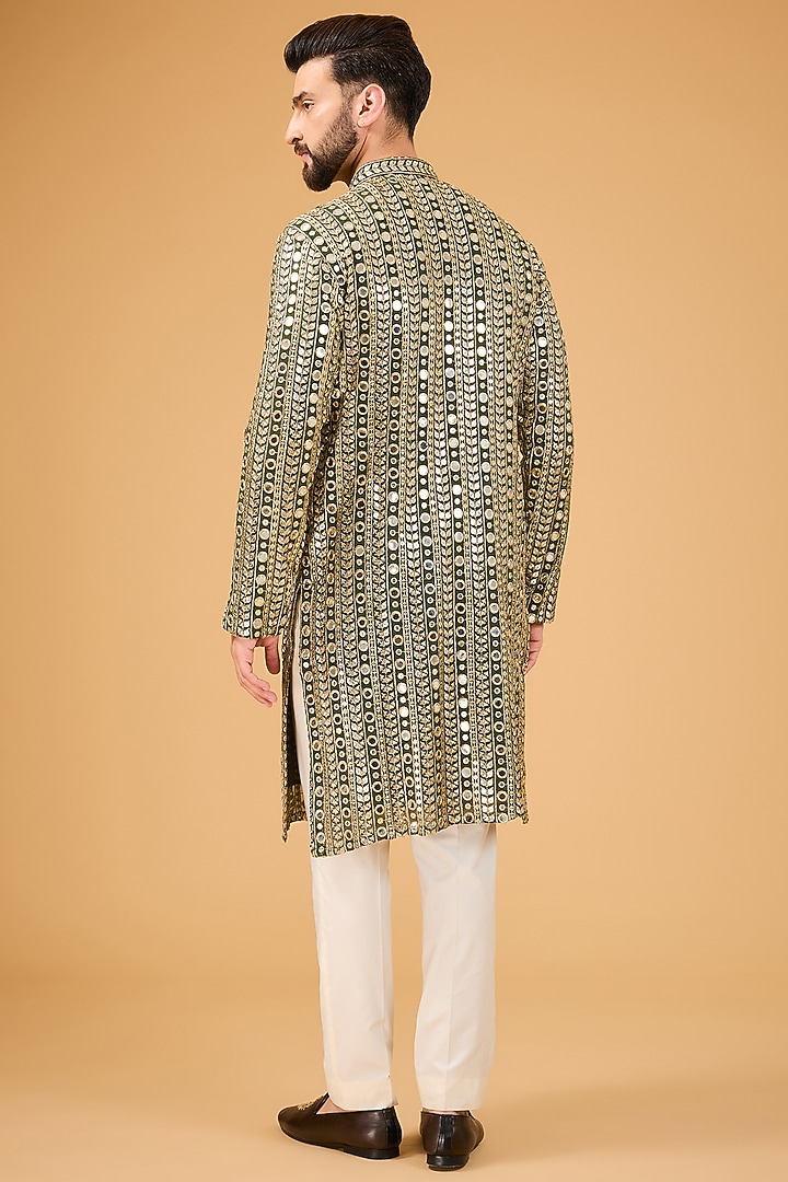 Military Green Georgette Zari Embroidered Kurta by Kasbah Clothing at Pernia's Pop Up Shop