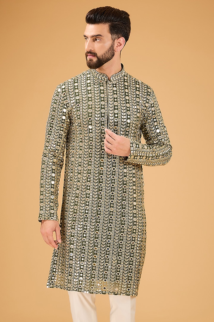Military Green Georgette Zari Embroidered Kurta by Kasbah Clothing at Pernia's Pop Up Shop