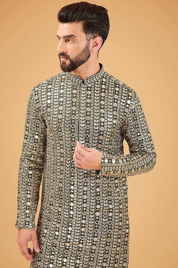 Military Green Georgette Zari Embroidered Kurta by Kasbah Clothing at Pernia's Pop Up Shop