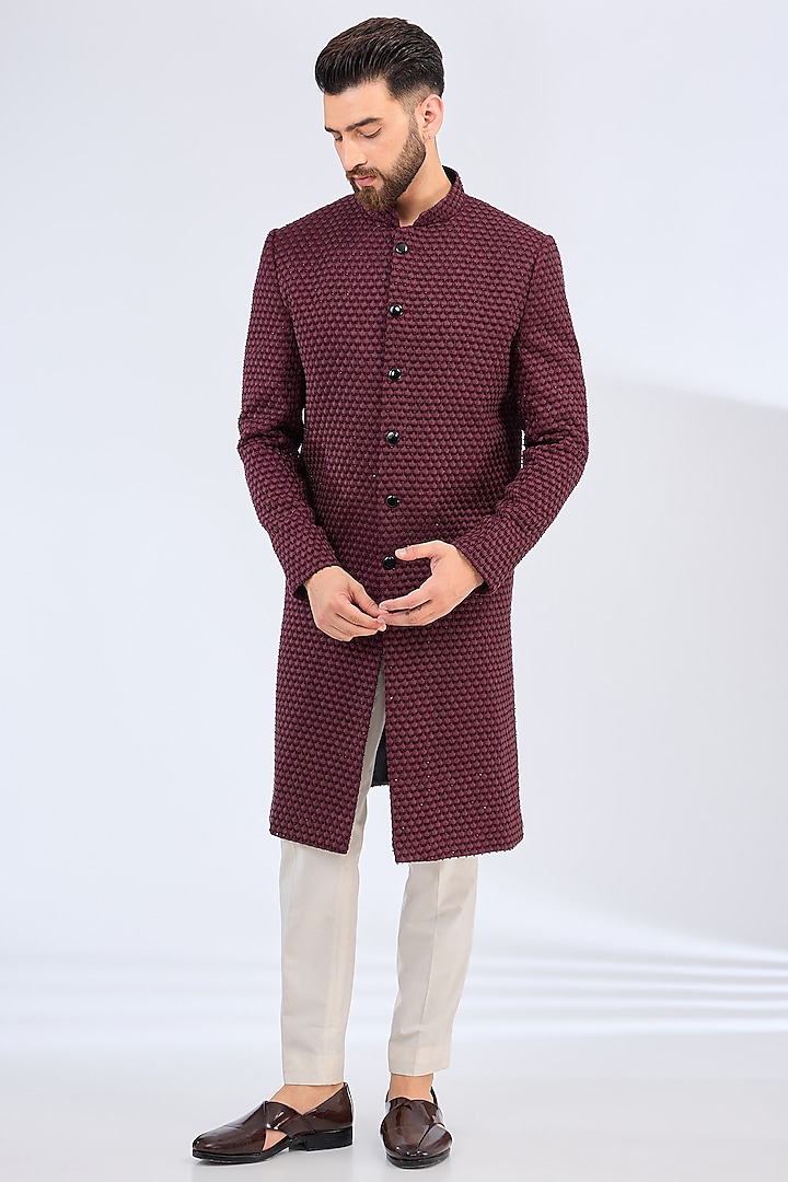 Deep Wine Silk Cutdana Embellished Wedding Sherwani by Kasbah Clothing at Pernia's Pop Up Shop