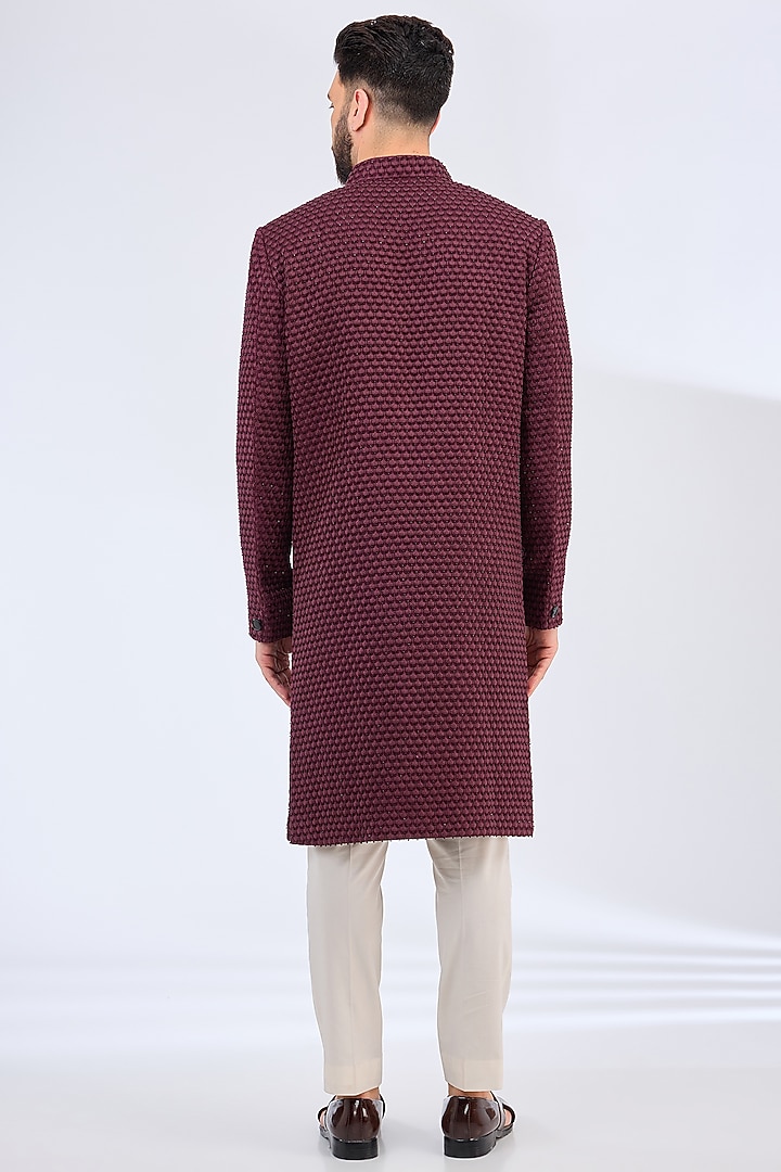 Deep Wine Silk Cutdana Embellished Wedding Sherwani by Kasbah Clothing at Pernia's Pop Up Shop