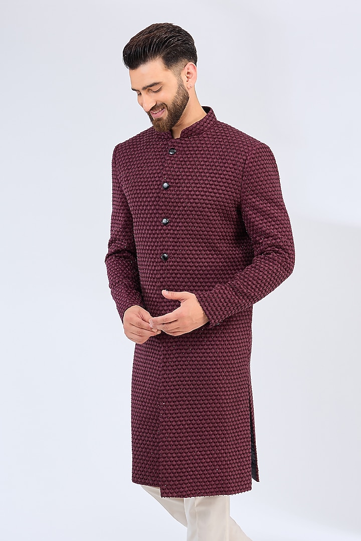 Deep Wine Silk Cutdana Embellished Wedding Sherwani by Kasbah Clothing at Pernia's Pop Up Shop