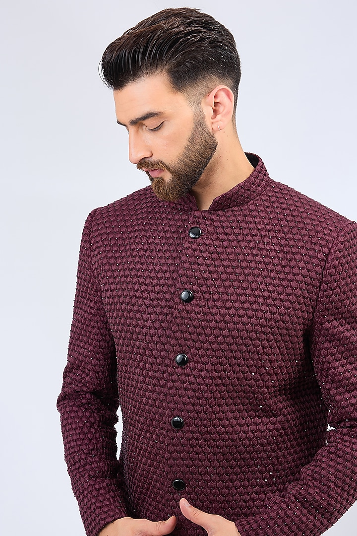 Deep Wine Silk Cutdana Embellished Wedding Sherwani by Kasbah Clothing at Pernia's Pop Up Shop