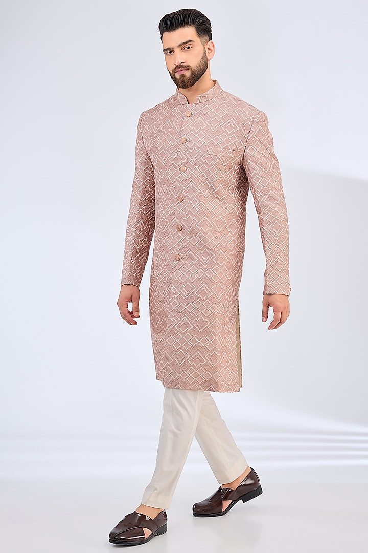 Dust Pink Silk Thread Embroidered Wedding Sherwani by Kasbah Clothing at Pernia's Pop Up Shop