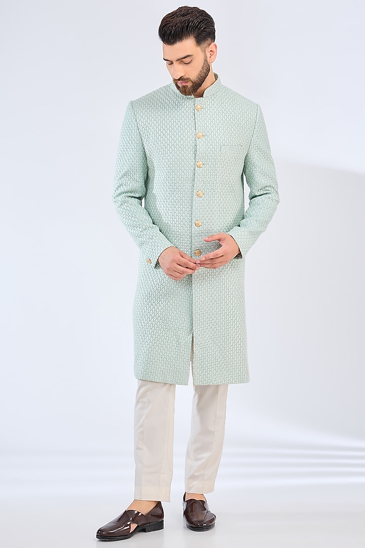 Sea Green Silk Threadwork Wedding Sherwani by Kasbah Clothing at Pernia's Pop Up Shop